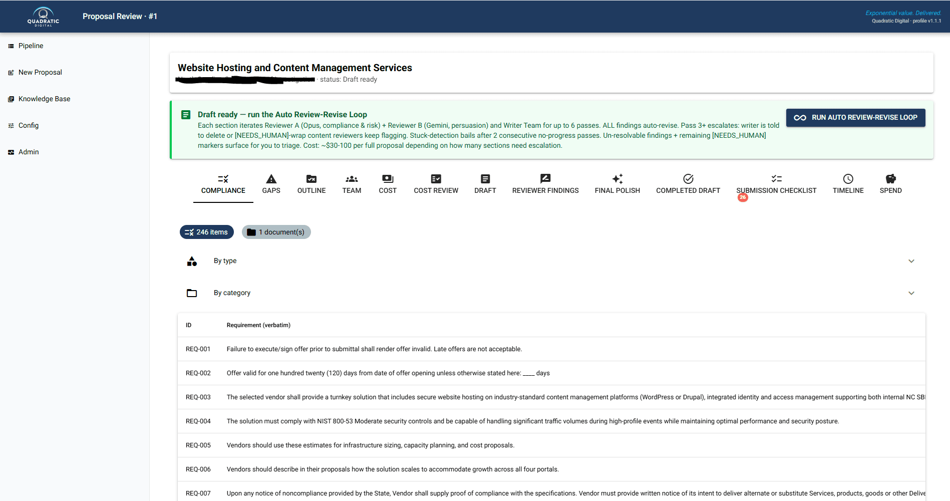 RFP Factory compliance matrix with 246 auto-extracted requirement items