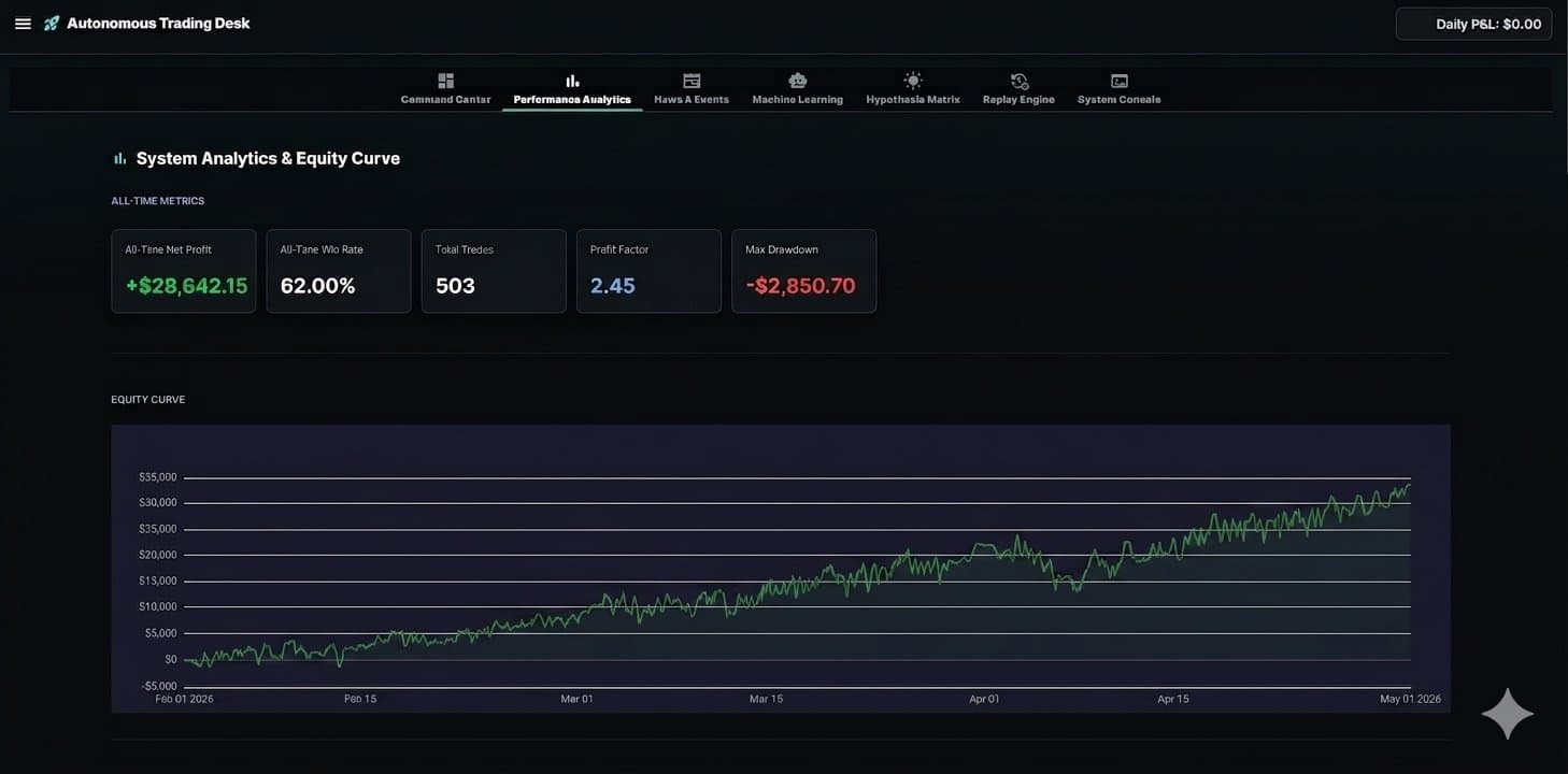 Futures Bot system analytics dashboard showing equity curve, win rate, trade count, and drawdown