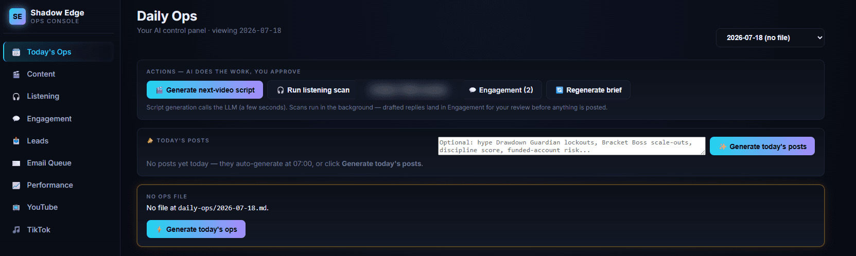 Daily Ops control panel — one-click actions where AI does the work and a human approves