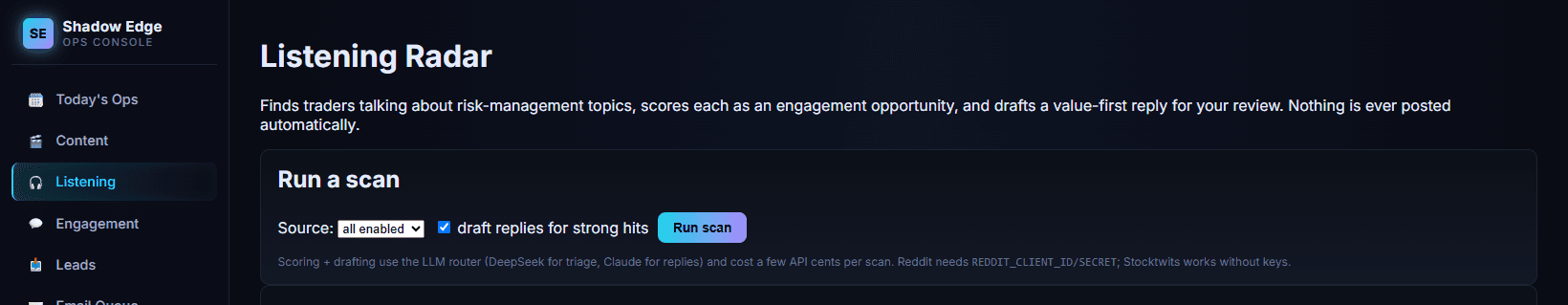 Listening Radar — finds risk-management conversations, scores them, and drafts value-first replies for review
