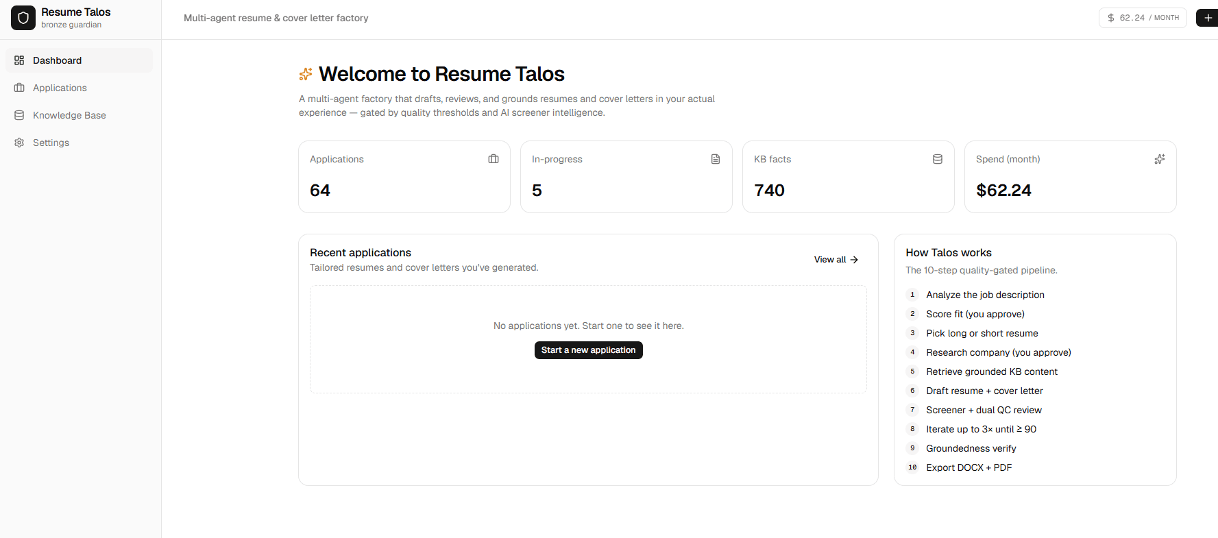 Résumé Engine dashboard showing the 10-step quality-gated pipeline and knowledge-base fact count
