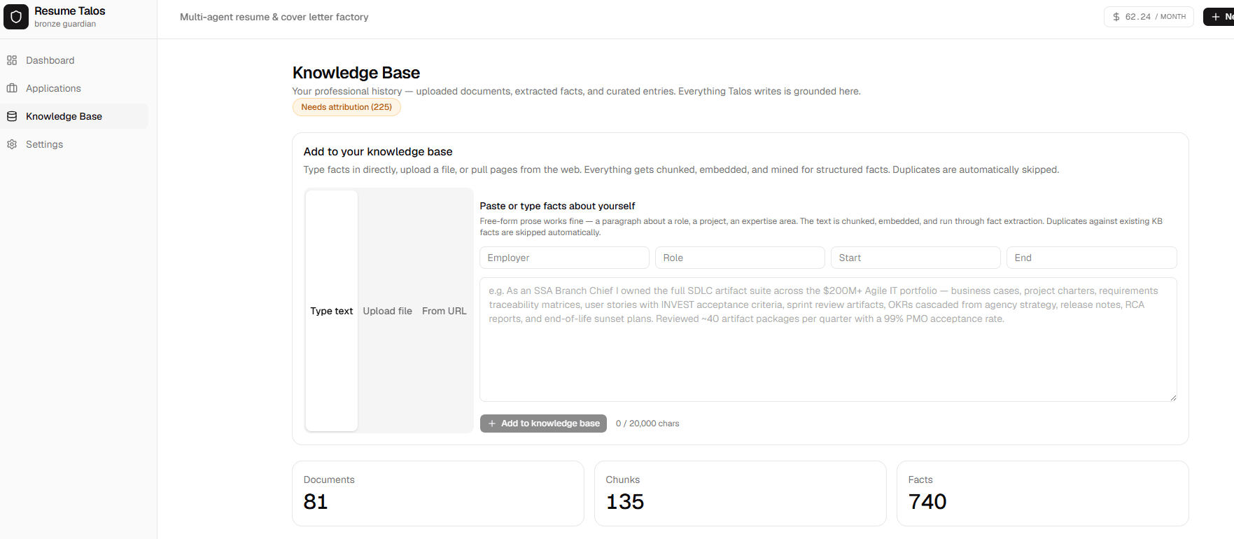 Knowledge base of grounded professional history — documents, chunks, and extracted facts