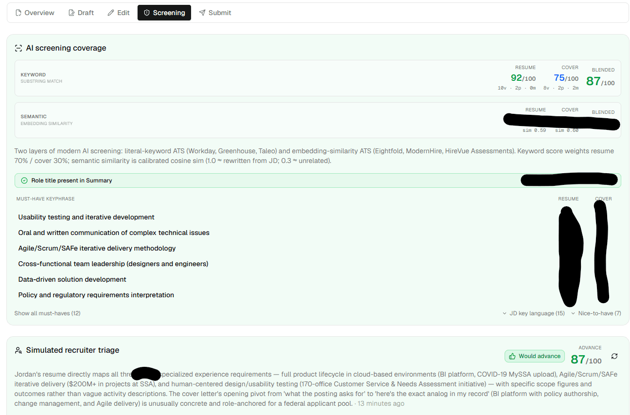 AI screening coverage with keyword and semantic ATS scores and a simulated recruiter-triage verdict
