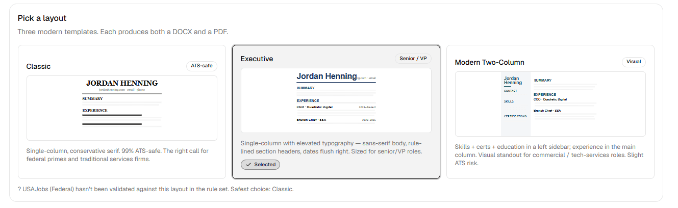 Export template picker with three ATS-aware résumé layouts, each producing DOCX and PDF